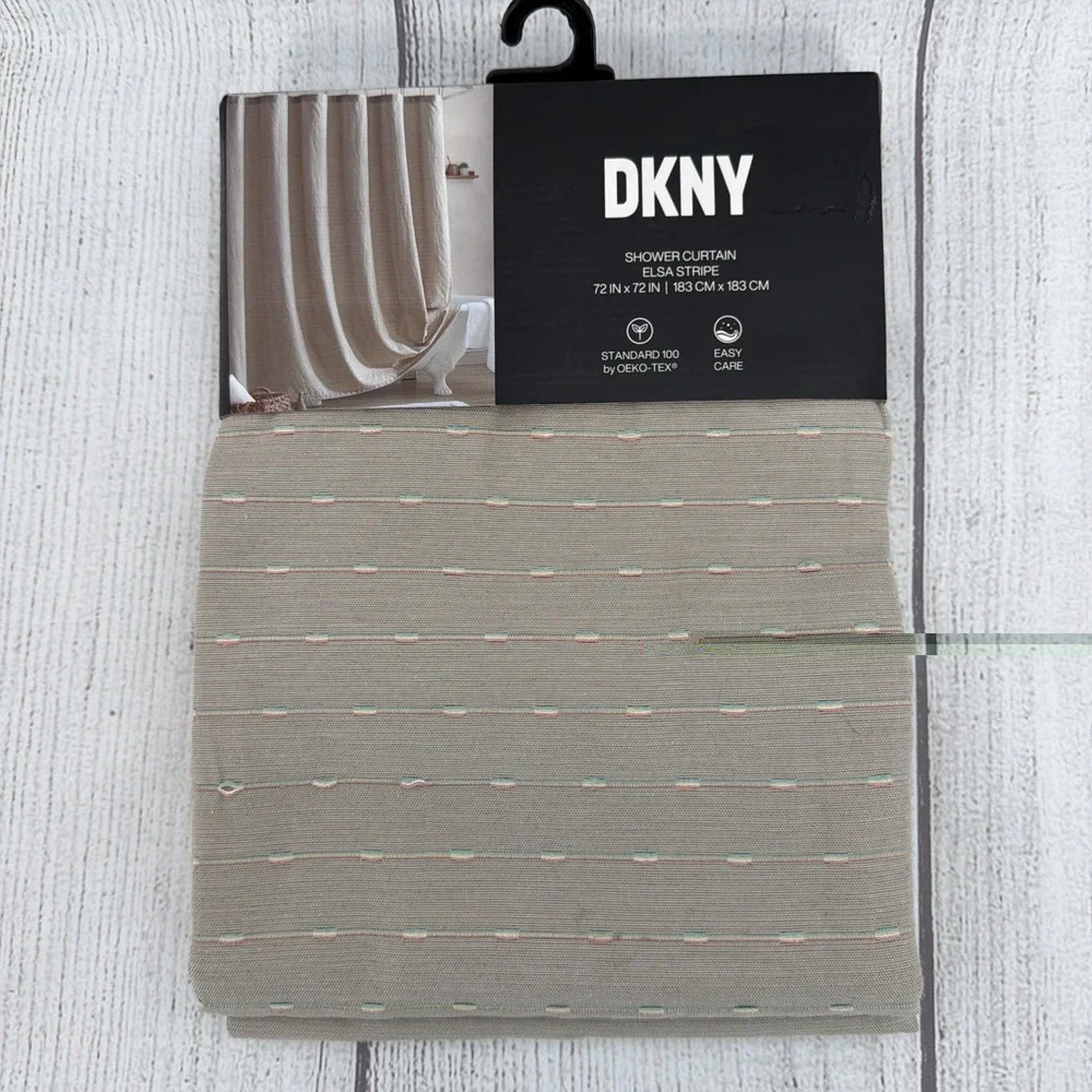 DKNY Shower Curtain Elsa Stripe Beige Pink Aqua Cotton Blend Modern Crisp Clean